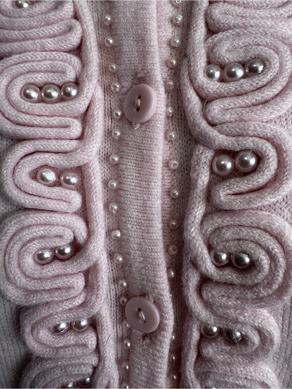 Vintage Debbie Morgan Pastel Pink Beaded Cardigan | Pearls Soutache Embellished - Picture 4 of 11
